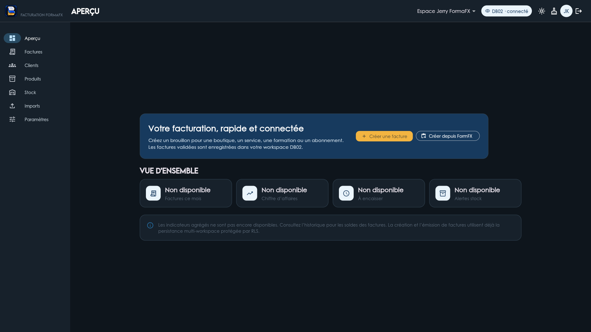 Nouvelle interface sombre BillFX pour la facturation et le suivi