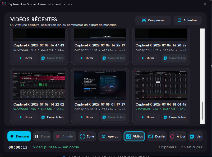 Bibliothèque de vidéos récentes dans CaptureFX