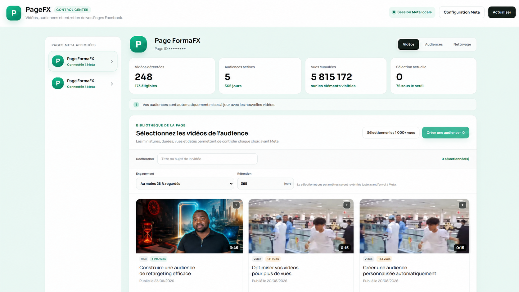 Interface PageFX anonymisée avec miniatures vidéo et création d’audience