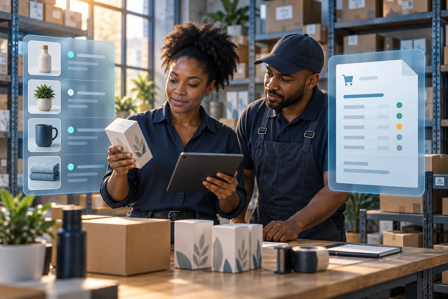 Une commerçante et un collègue rapprochent catalogue, article et facture dans un stock — illustration conceptuelle.