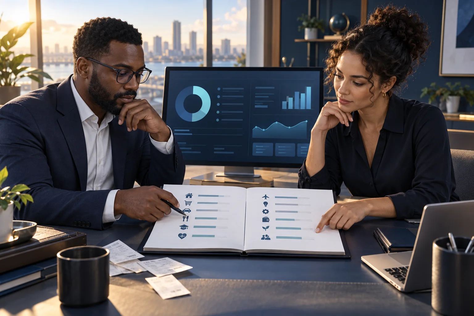 Un comptable et une entrepreneuse examinent un registre et des vues de gestion — illustration conceptuelle.