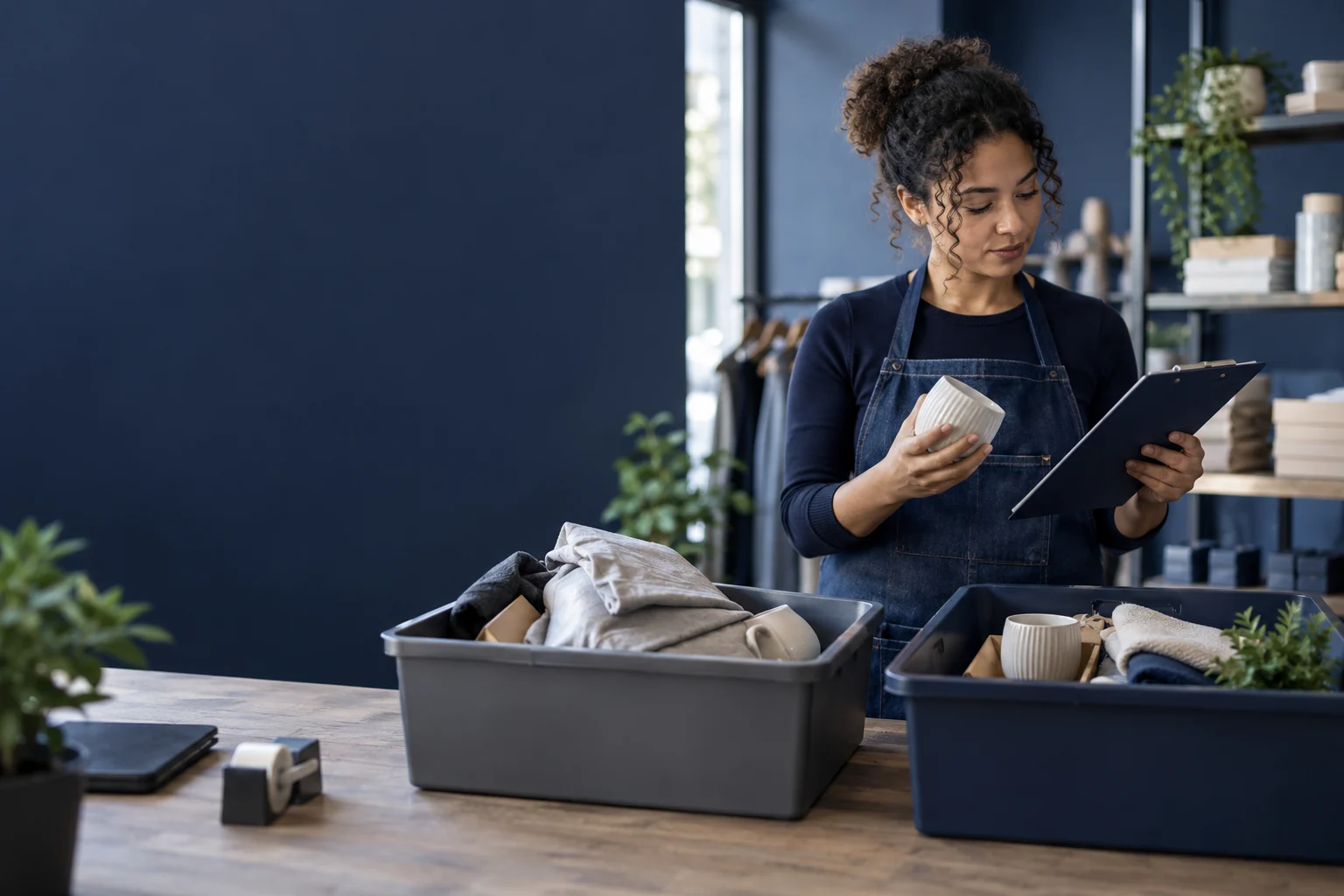 Une responsable vérifie les marchandises retournées au comptoir de la boutique.