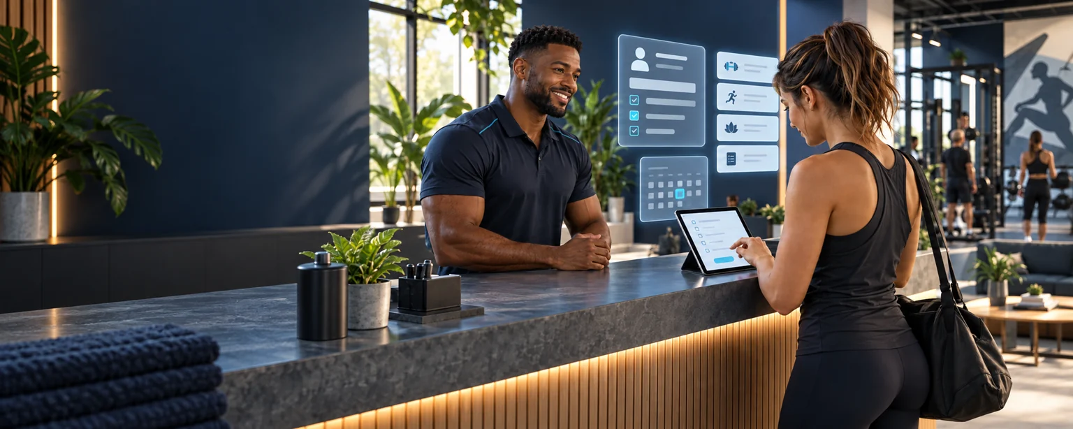 Un coach accueille une nouvelle membre avec un formulaire sur tablette — illustration conceptuelle.