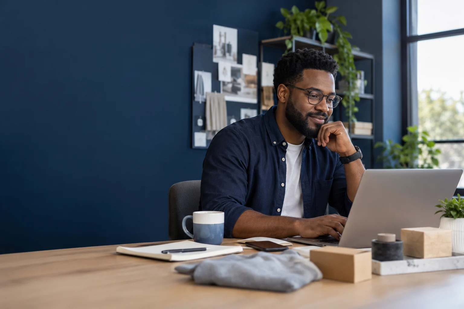 Un professionnel du marketing prépare une communication avec des échantillons de produits.