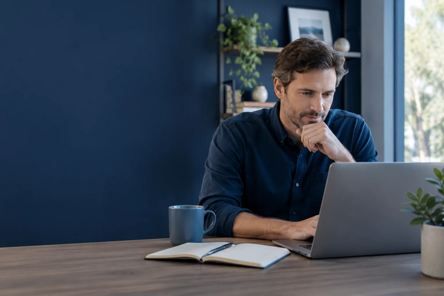 Un professionnel examine la préparation d’une campagne à son bureau.