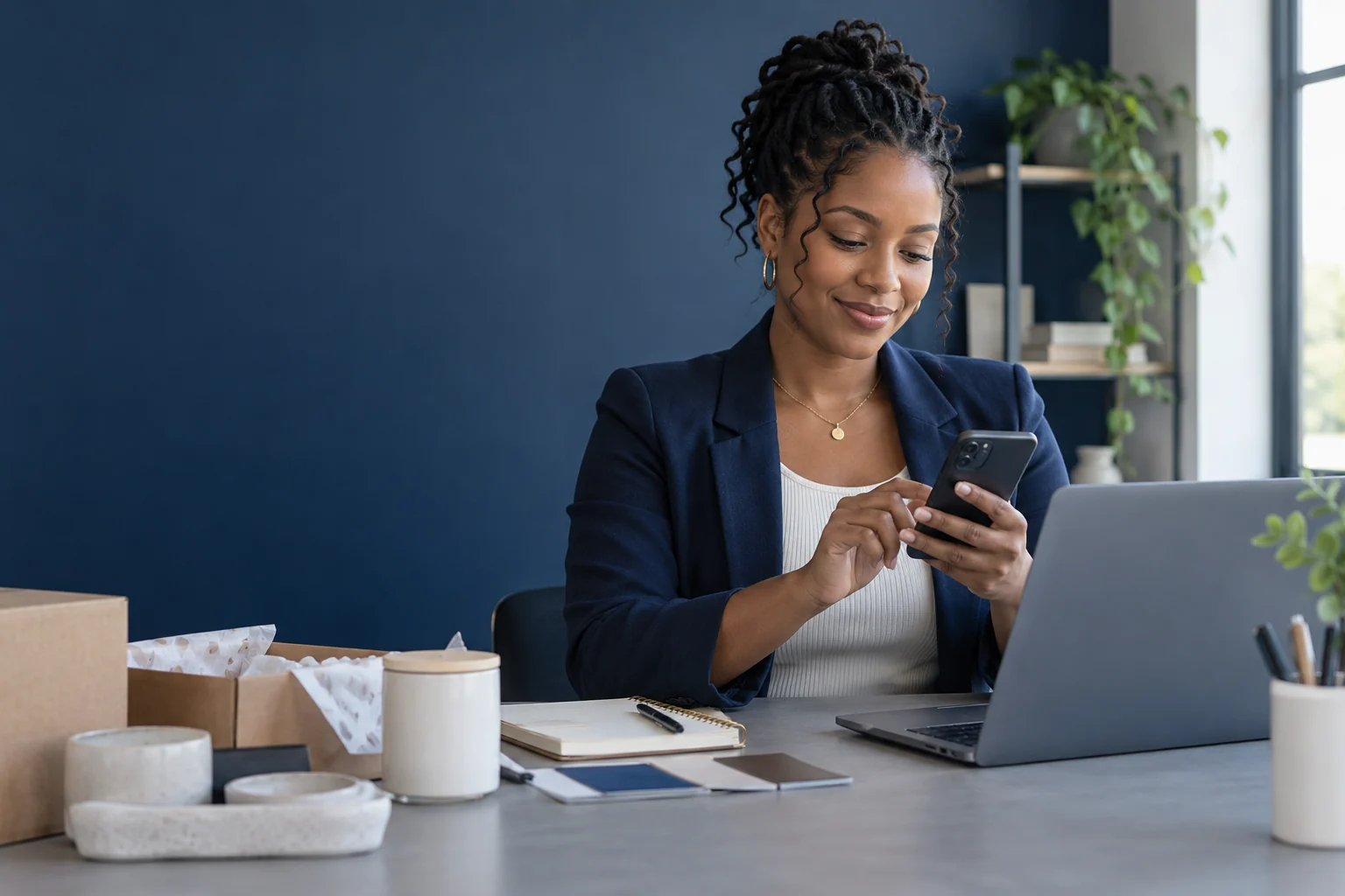 Une commerçante prépare le partage d’un lien sur son téléphone près d’un ordinateur.