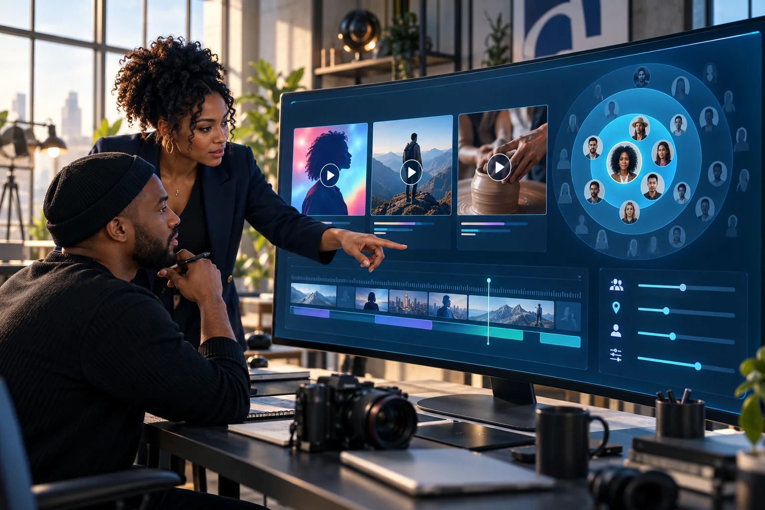Une équipe marketing rapproche vidéos et groupes d’audience — illustration conceptuelle.