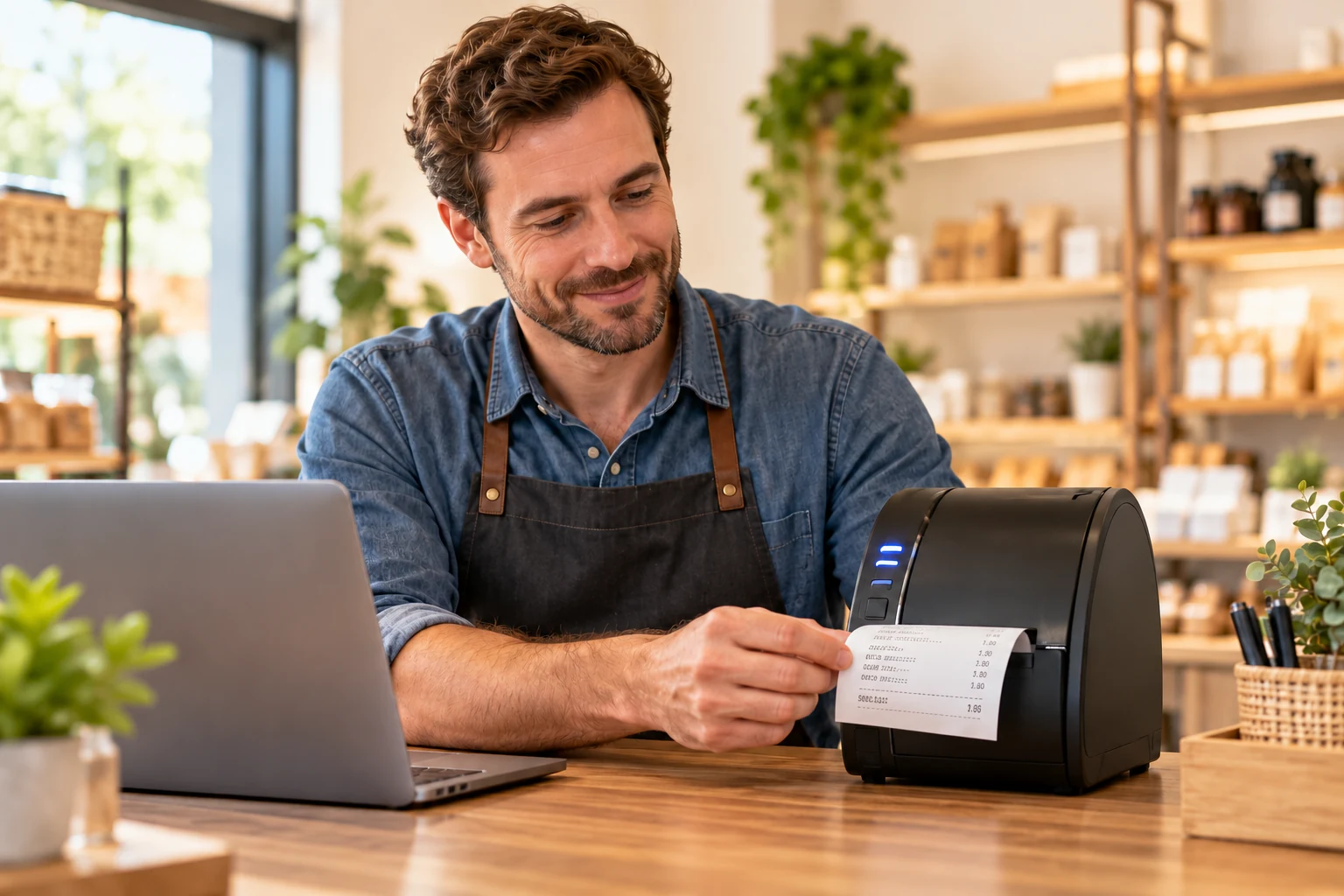 Un professionnel vérifie un ticket imprimé sur son poste de travail.