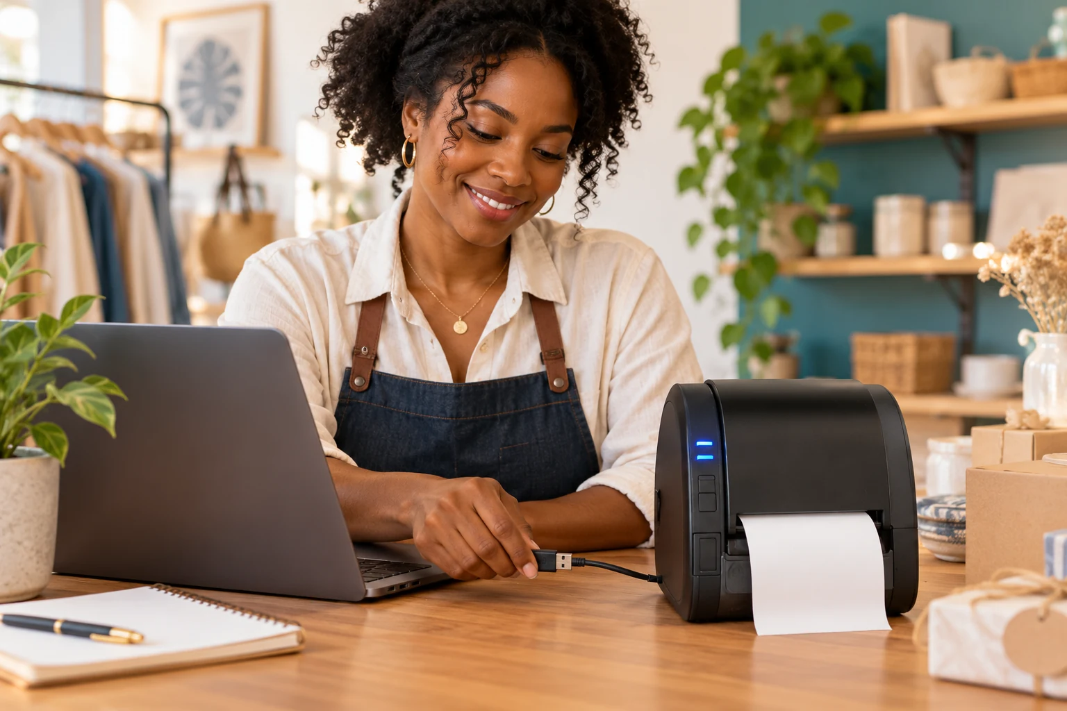 Une commerçante prépare la connexion USB entre un ordinateur portable et son imprimante thermique.