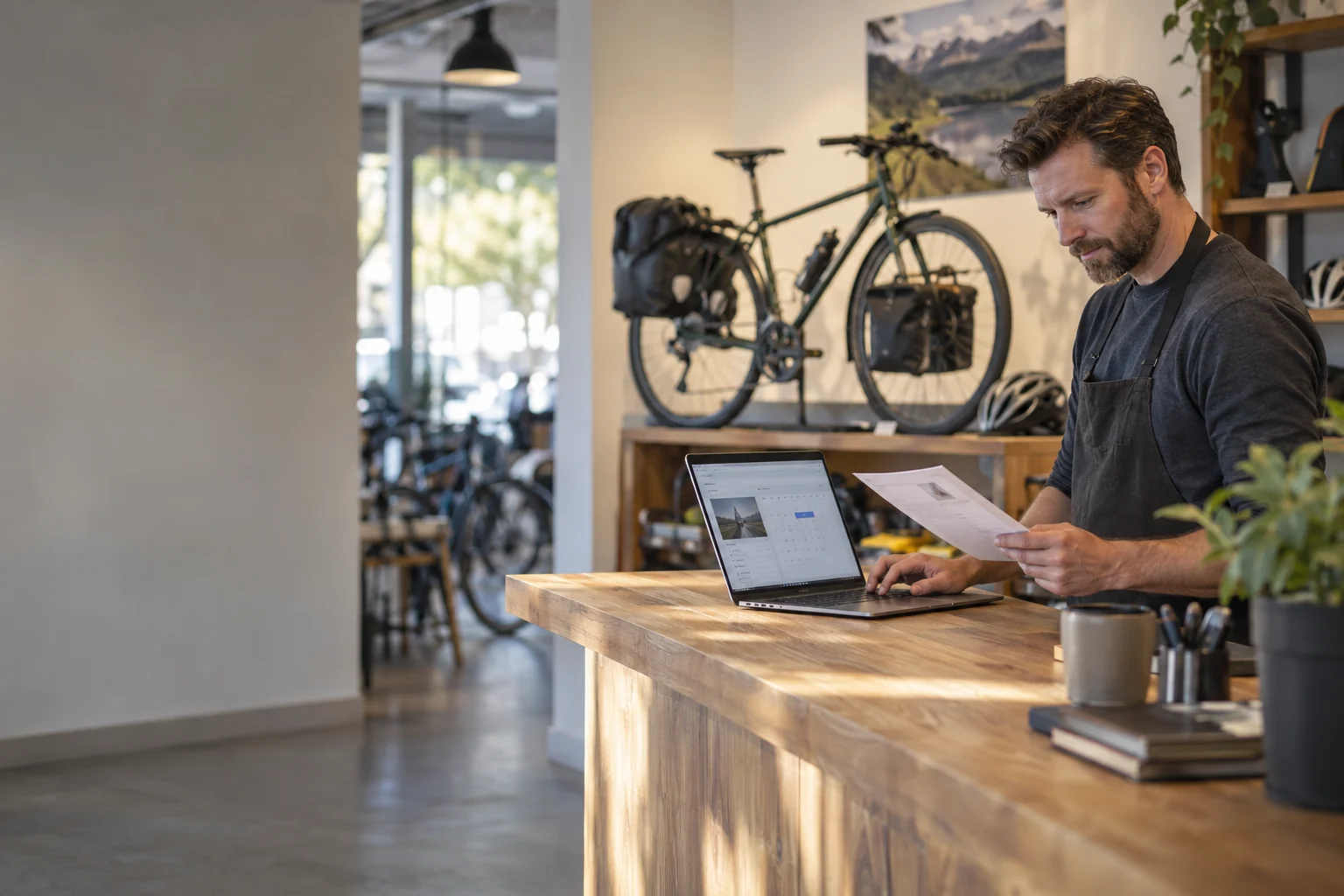 Un conseiller prépare le suivi d’un client intéressé par un vélo — illustration conceptuelle.
