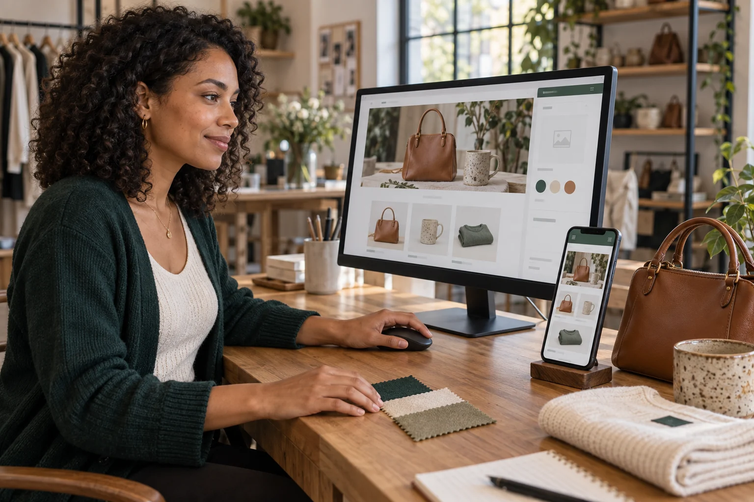 Une entrepreneuse personnalise sa boutique et prépare ses produits.