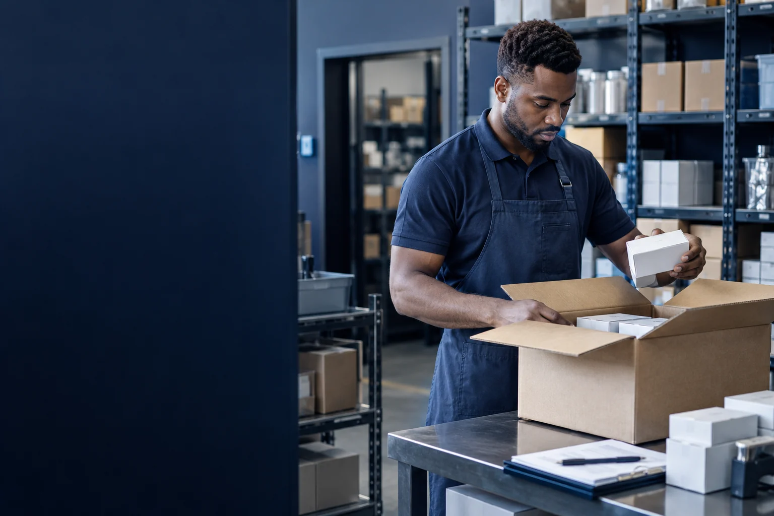 Un employé réceptionne un carton et vérifie les quantités au comptoir du stock.
