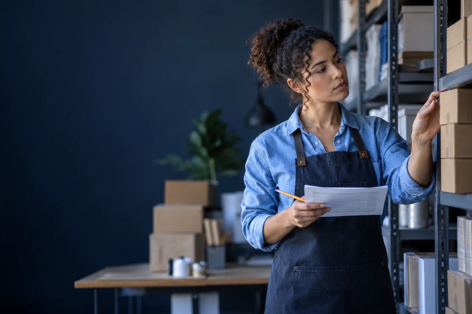 Une responsable compare un comptage physique avec une feuille de contrôle.