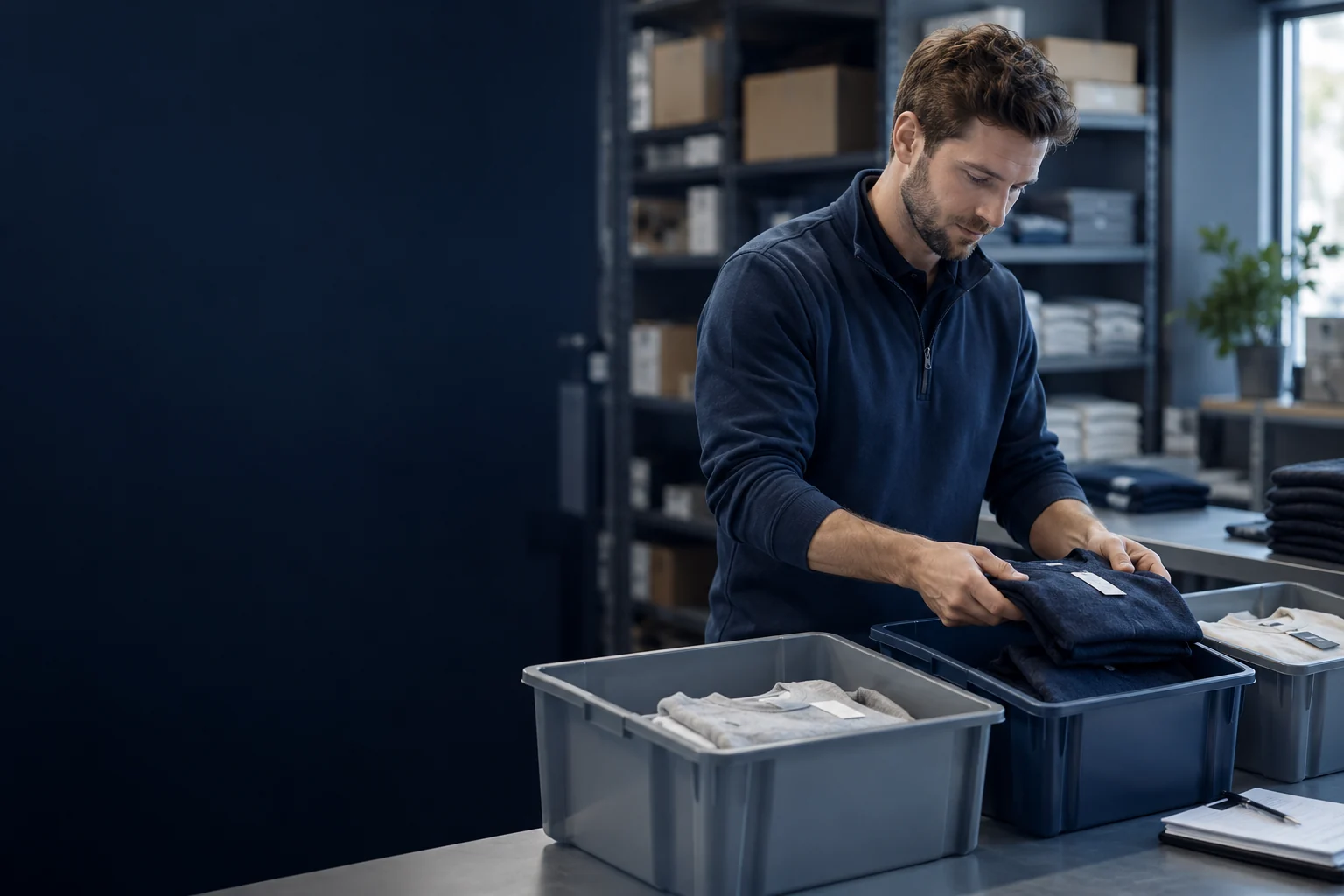Un responsable organise des marchandises retournées dans des bacs séparés.