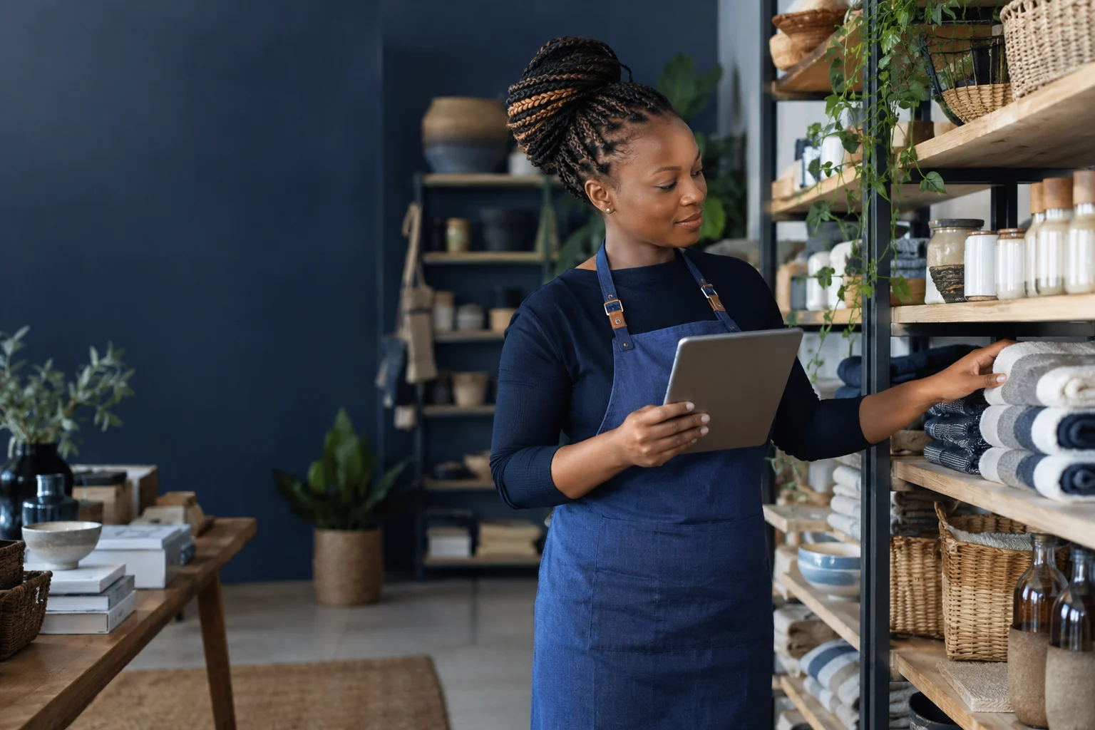 Une commerçante compte les produits en rayon en consultant une tablette.