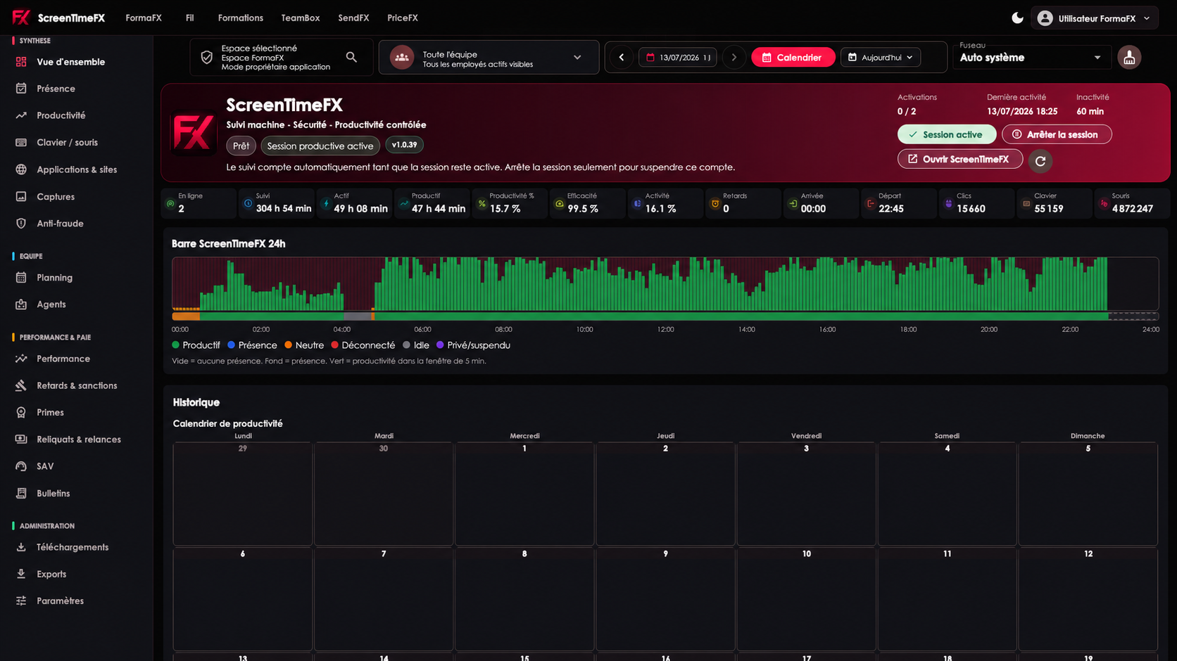 Tableau de bord ScreenTimeFX en production, identité utilisateur anonymisée