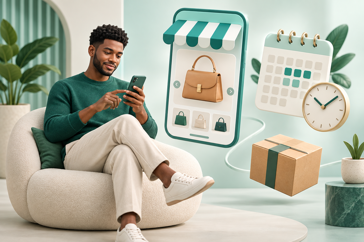 Illustration : un client consulte une boutique sur téléphone avec un calendrier et une horloge