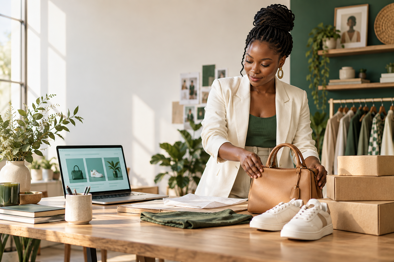 Une entrepreneuse prépare sa boutique et ses produits.