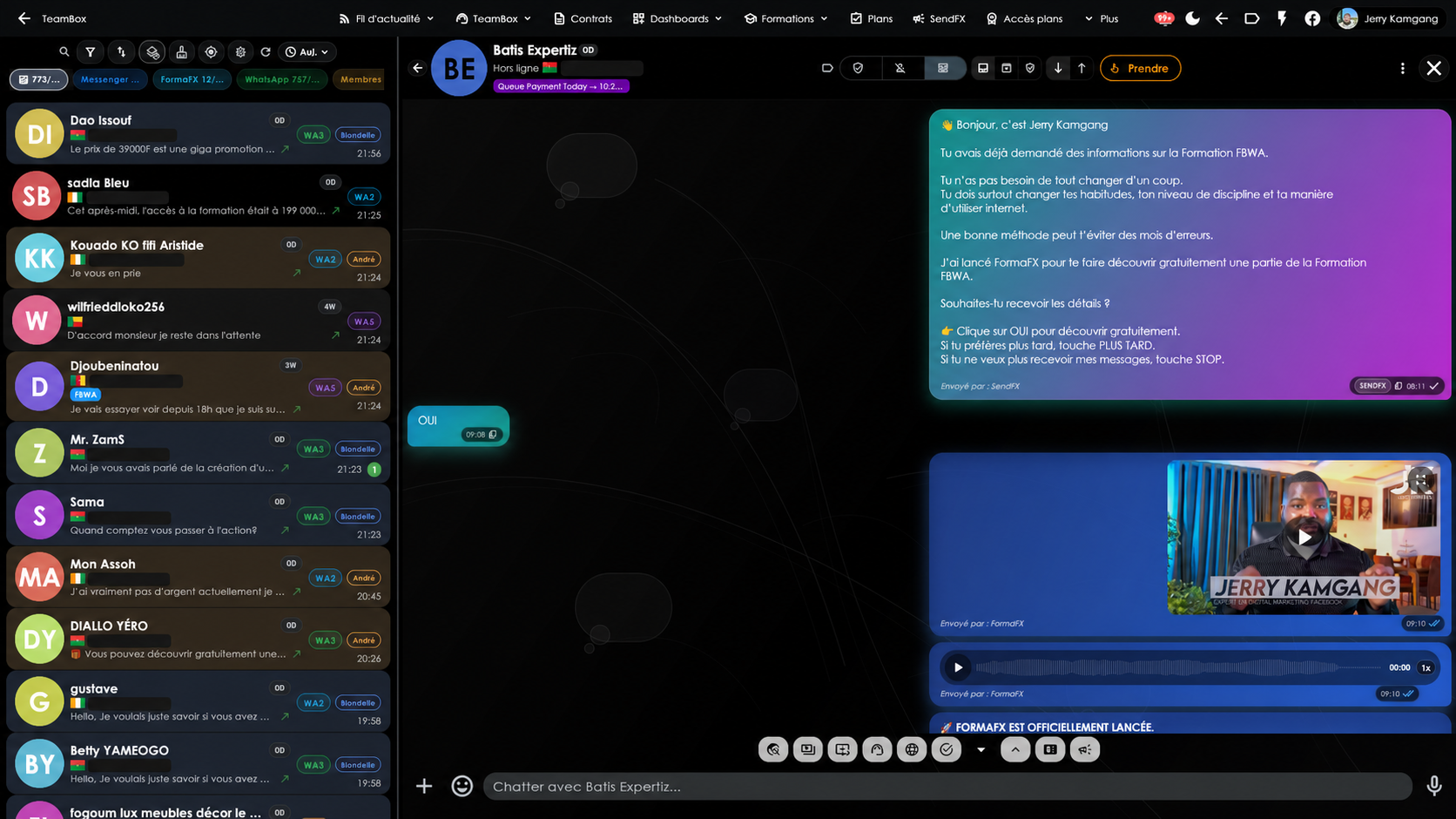 Interface TeamBox v1.0FX avec numéros masqués